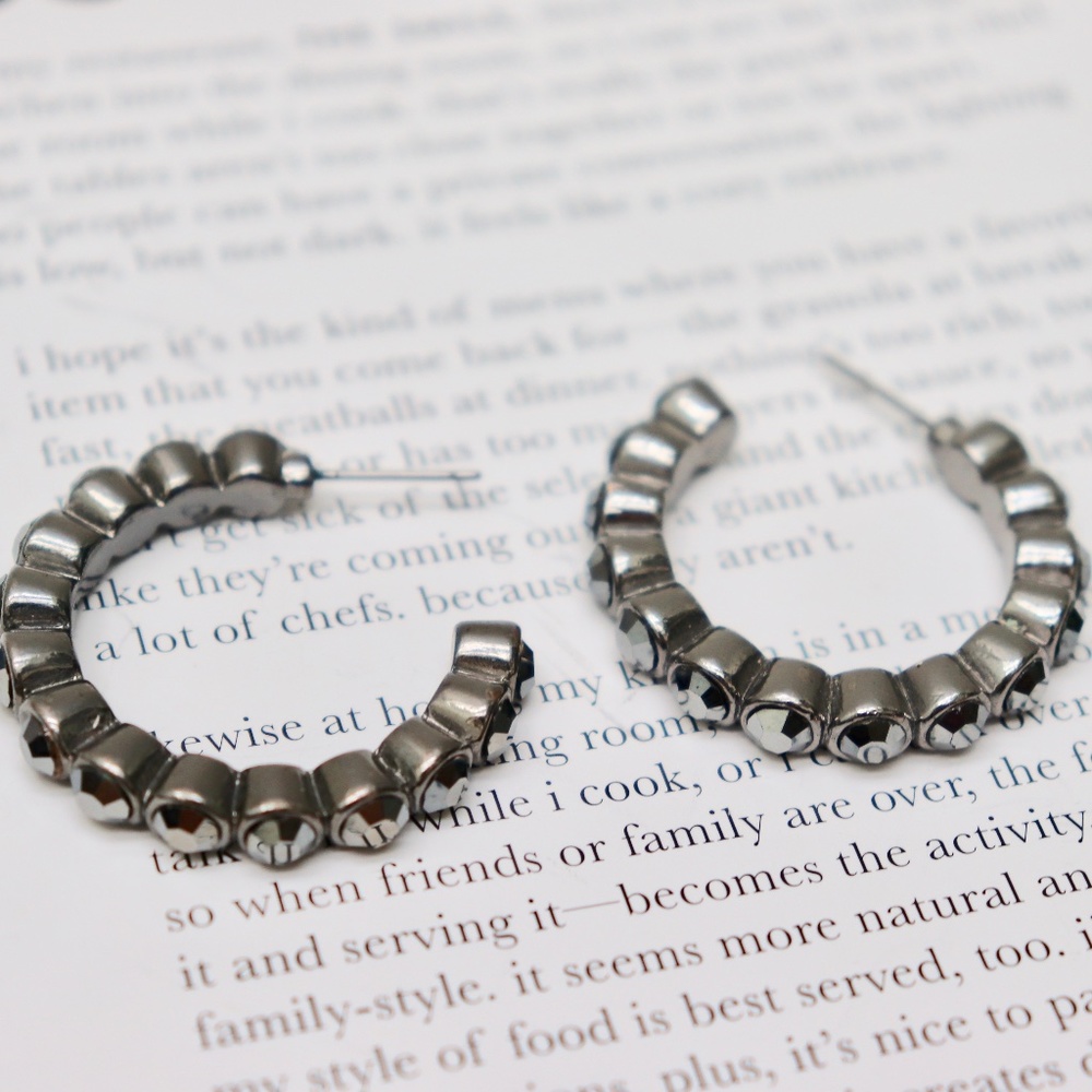 Gun Metal Rhinestone Stud 1" Hoops